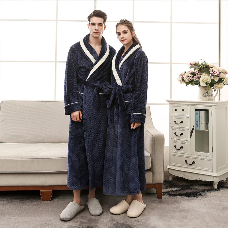 Autumn and Winter Extra Long and Thickeneded Beibei Velvet Couple's Nightgown for Men and Women, Fashionable Large Size Pineapple Plaid Coral Velvet Bathrobe