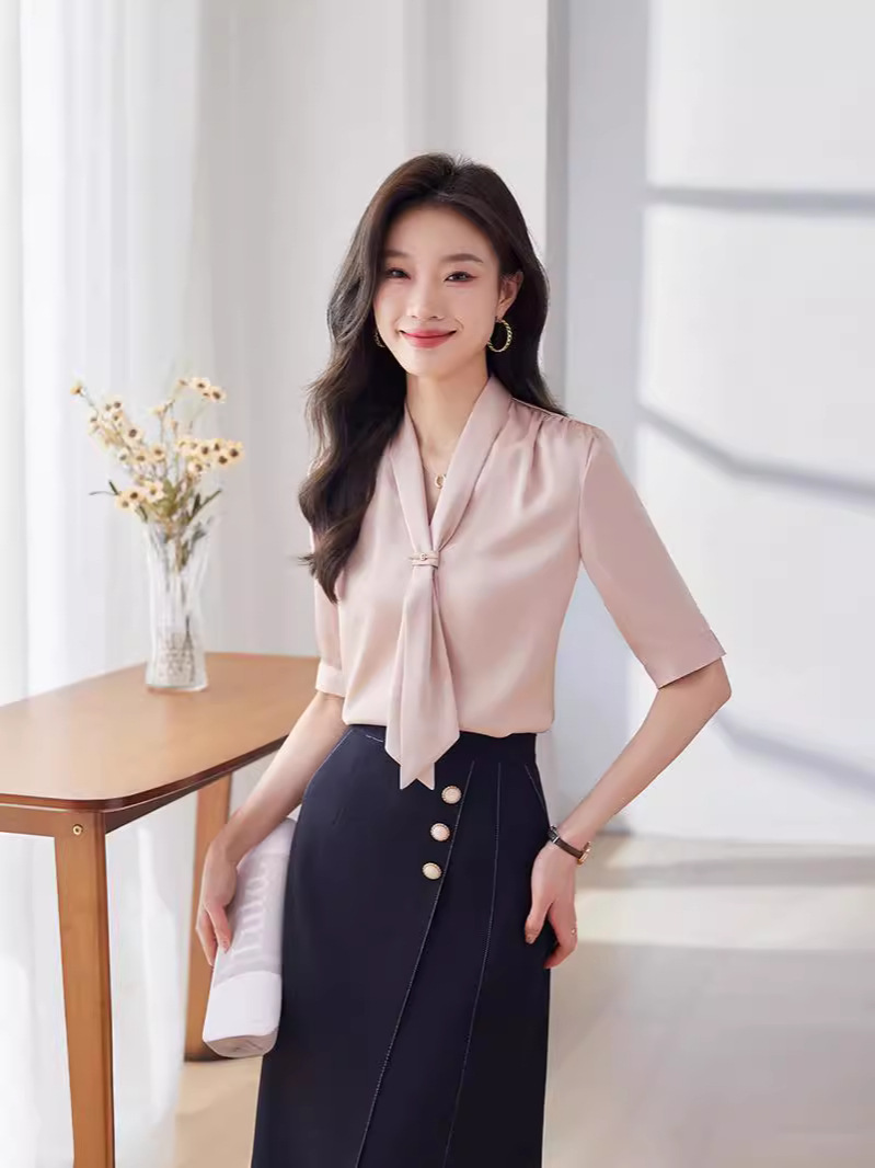 Chiffon V-neck White Shirt Women's Summer Thin Fashionable Stylish Short-sleeved Business Suit Inner Shirt