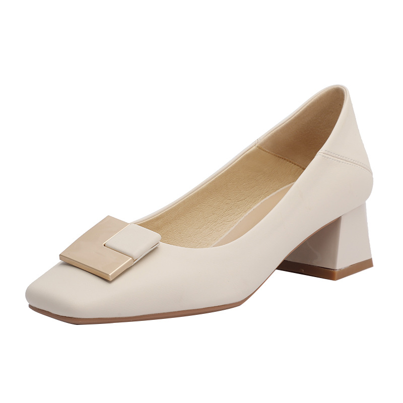 Picture of 332-6 Sheepskin Square Buckle Chunky Mid-Heel High Heels Women's Square-Toe Granny Shoes Soft Leather 5cm Metal Elements