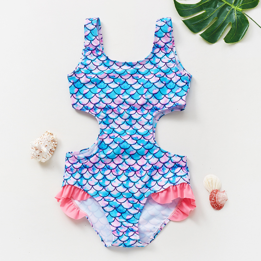 In stock new 3-12 years old children's swimsuit blue fish scale girls' swimsuit one-piece Children's swimsuit