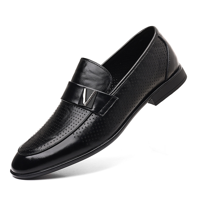 New Men's First Layer Cowhide Loafers Genuine Leather Slip-on Hollow Casual Men's Shoes Breathable Thin Sandals