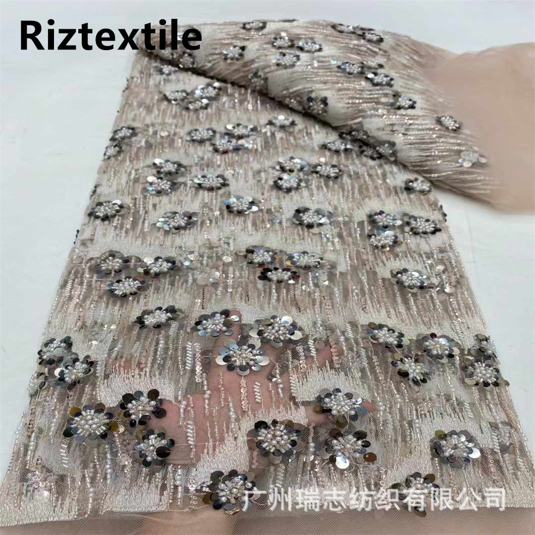 Hot drilling wedding dress Dai dress lace fabric European and American foreign trade two-color bead tube embroidery sequin mesh embroidered cloth
