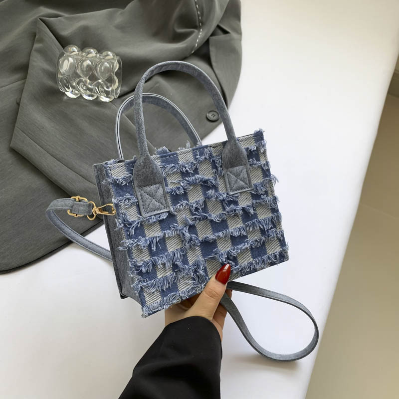 Picture of New Arrival Denim Canvas Bag Checkboard Women's Bag Niche Fashionable Trendy All-match Portable Small Square Bag Crossbody Bag