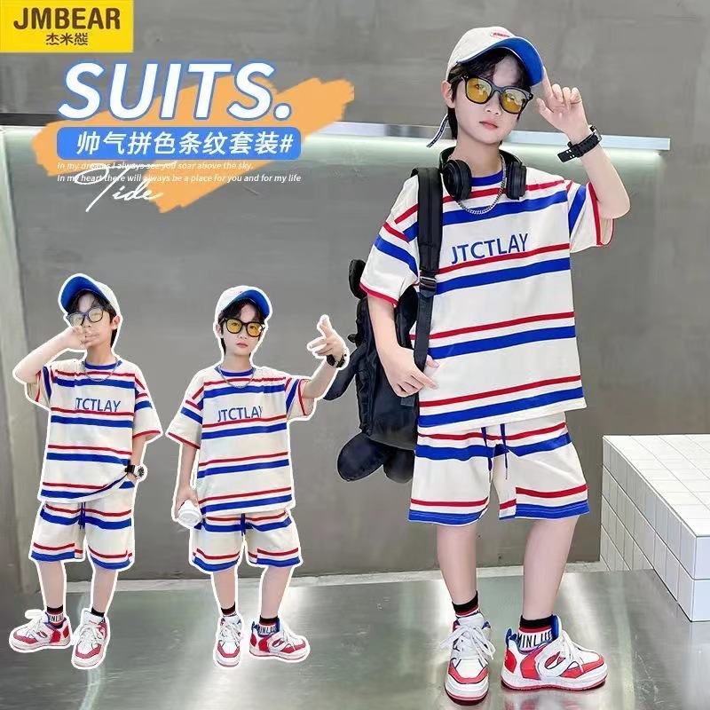 Picture of Children's Boys Summer Suit Korean Style Stripesd 2025 New Internet Celebrity Thin Short-Sleeved Clothes Cool Trendy Kidsren's Two-Piece Set