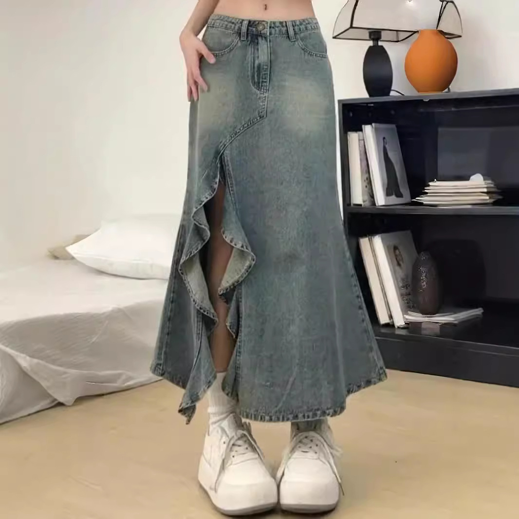 plus size Vintage Denim Skirt Women's Summer chubby girl High Waist Slimming Mid-length Split A- line Hip Fishtail Skirt