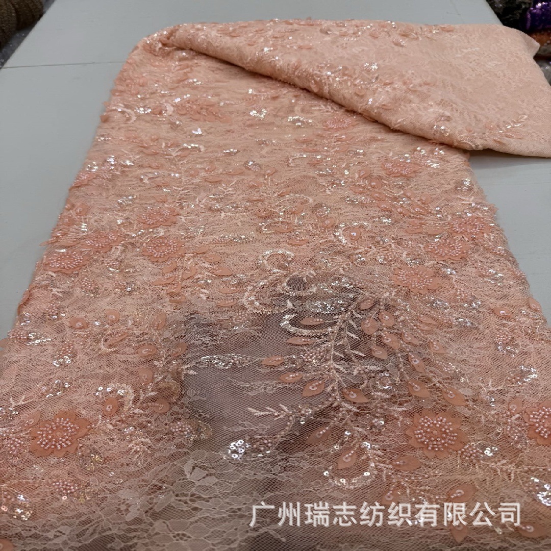 French high-end lace bead tube sequin embroidered fabric fashion three-dimensional laser leaf embroidery dress dress fabric