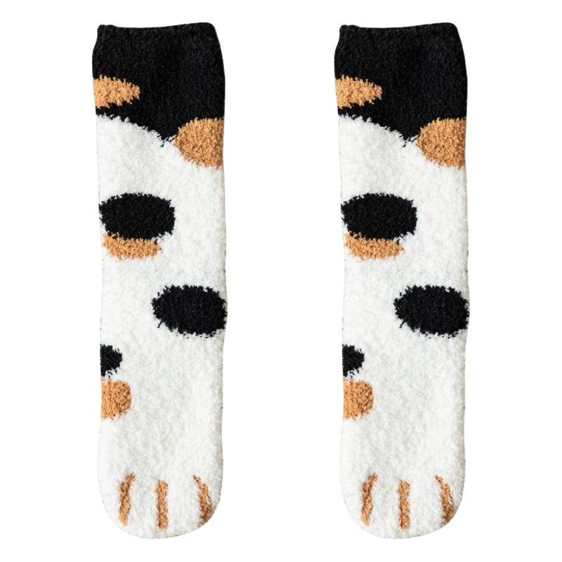 20 Autumn and Winter Women's Japanese Style Middle Cylinder Separate Packaging Thickened Cartoon Sleep Socks Coral Fleece Cat Claw Home Floor Socks