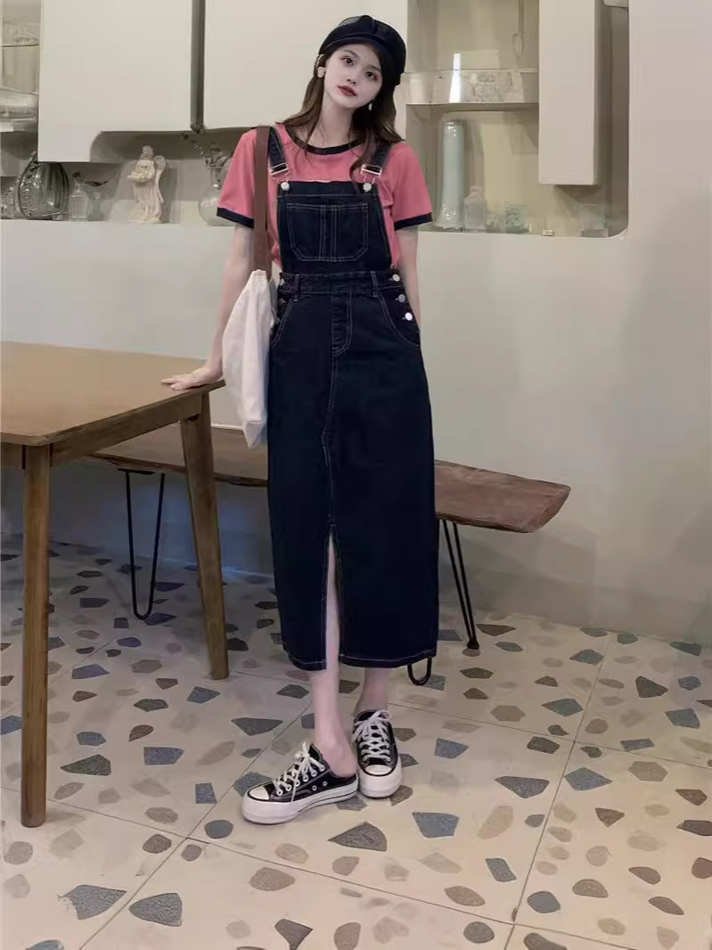 Mid-length suspender skirt Denim skirt women's hip skirt 2024 new straight tube loose A- line versatile dress