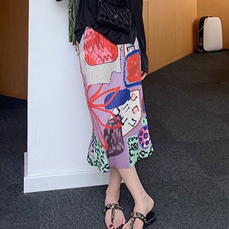Picture of Niche design pleated skirt spring and summer thin elastic waist printed slimming age-reducing hip slit pleated skirt