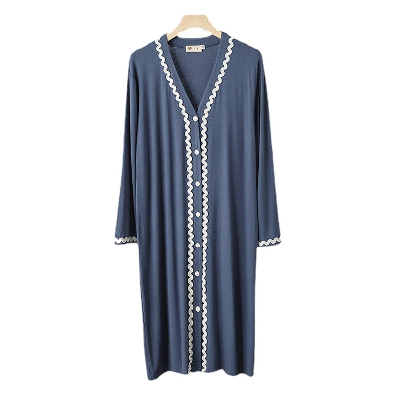 Modal Pajamas Dress Spring and Autumn Home Wear Buckle Outer Wear Casual Loose Mid-length Long Sleeve Sleeping Dress