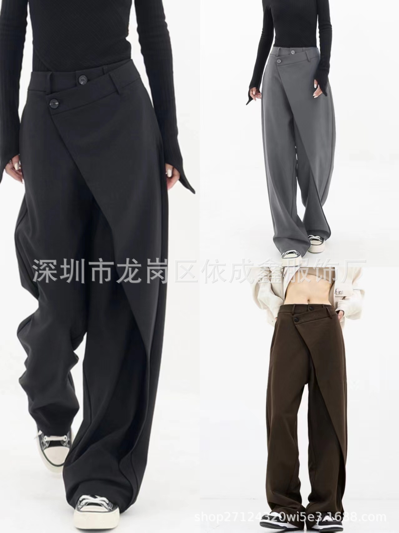 Cross-Border European and American Export Women's Asymmetrical Pants, Asymmetrical Layered Buttons, Loose Wide-Leg Pants