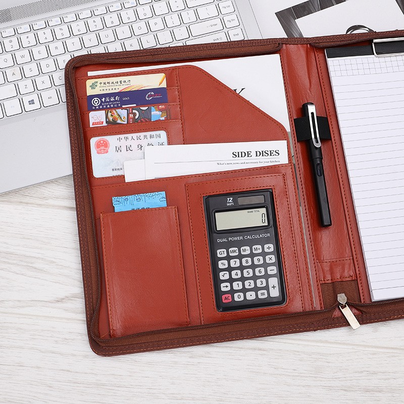 Pu Business Office Folder with Calculator Board Clip A4 Leather Manager Folder Folder Can Be Printed with Logo Combination