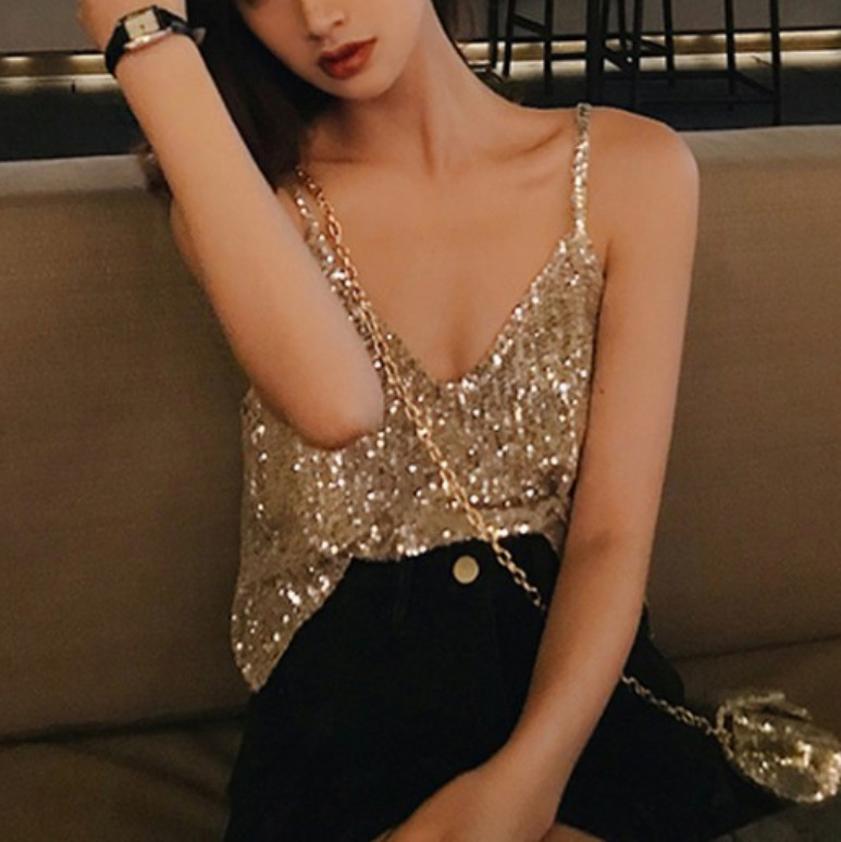 Sling Outer Wear Fashionable Didi Bounty Summer Korean Style New Golden Glittering Sequin Vest Women's Inner Wear Sexy Women's Golden Cotton