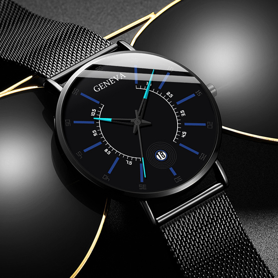 Aliexpress Popular Geneva Men's Simple Business Fashion Watch Mesh Belt Quartz Watch Calendar Watch in Stock