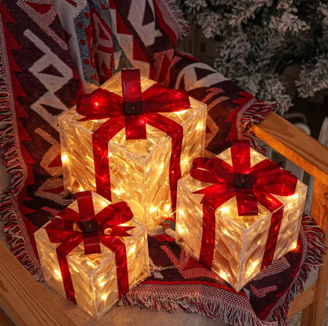 Cross-Border Hot Product 3 Combinations Christmas Transparent Warm Light with Red Bow Christmas Gift Box Led Decorative Light