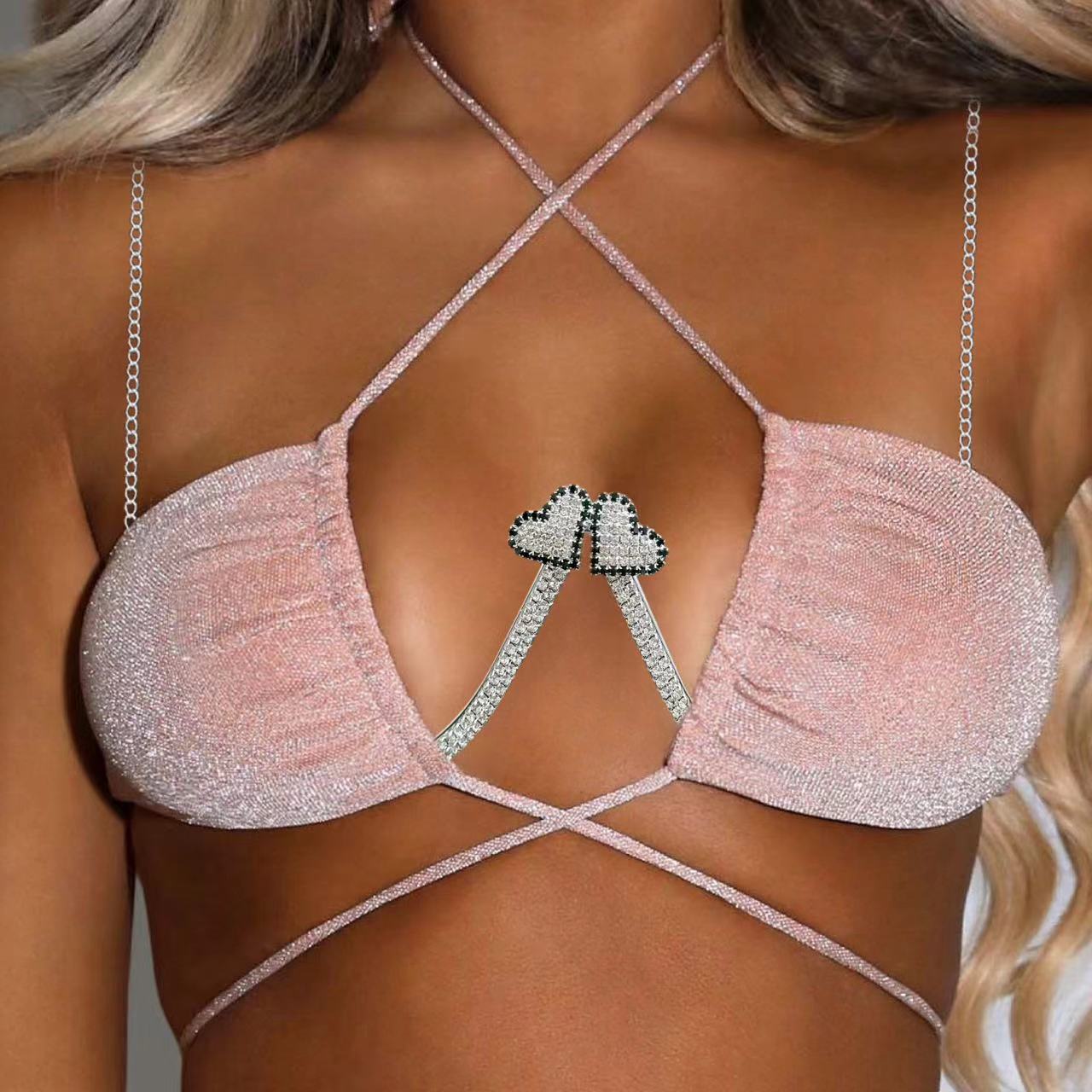 European and American Elegant Fashion Diamond-encrusted Crystal Body Chest Bracket Accessories Sexy Love Chest Chain for Women
