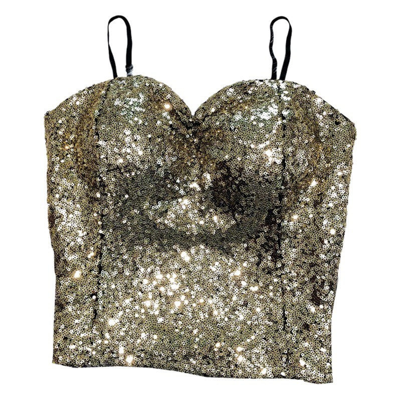 Spring 2022 New Sexy Belt Chest Pad Outer Wear Sling Sequins Inner Short Night Strapless Top All-match Women