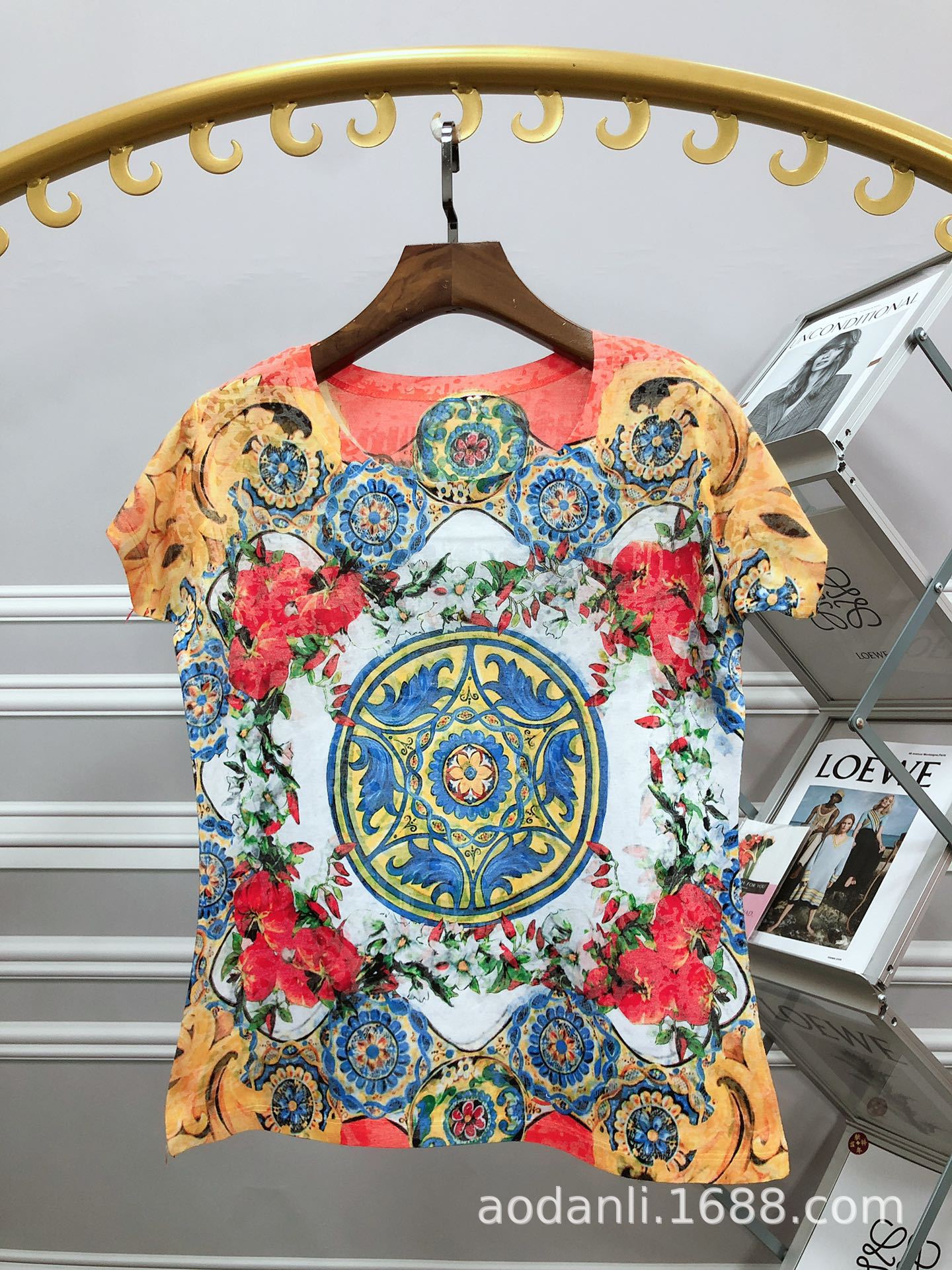 Silk Cotton Summer Cross-border Foreign Trade Women's Fashion Full-body Printed Round Neck Color Soft Elegant Short-sleeved Top