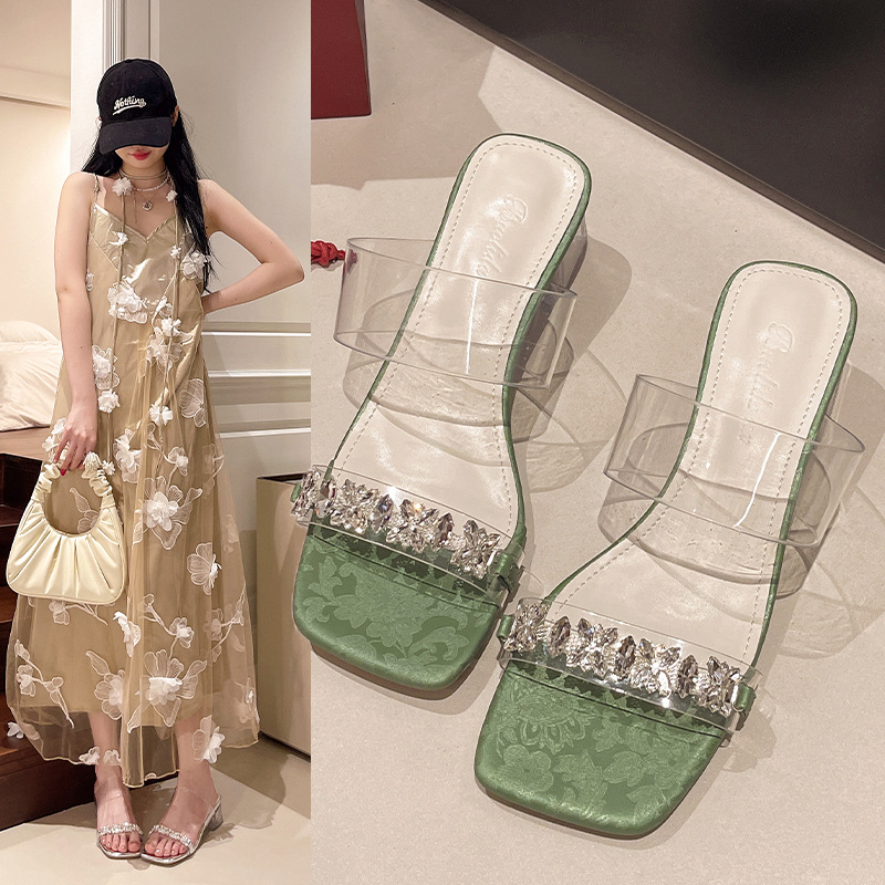 New silver Crystal High Heeled Women's Shoes Wholesale Summer Fashion Sandals Outer Wear Thick Heeled Rhinestone Transparent Strap Sandals
