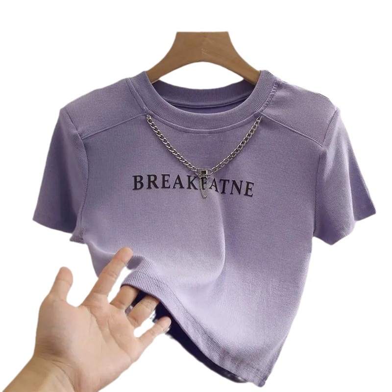 High-grade Threaded Short T-shirt Women's Short-sleeved Summer New Style Chain Design Niche High Waist Printed Letter Top