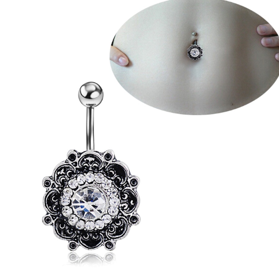 Vintage Hot Selling Stainless Steel 14G Rhinestone Navel Ring Round Flower Navel Nail Body Abdominal Ring Jewelry 1