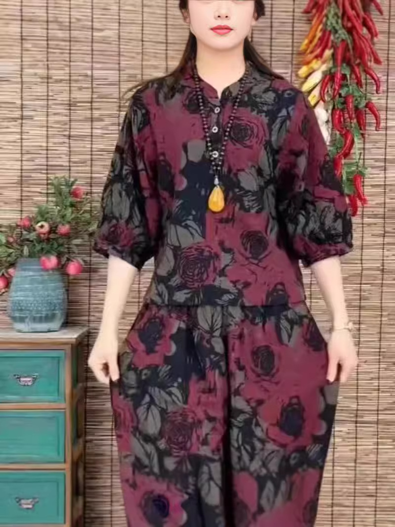 (M--4XL) Loose Slimming Stylish Printed Casual suit Age-Reducing Meat Covering Fashionable Vintage Harlan Pants Two-Piece Set
