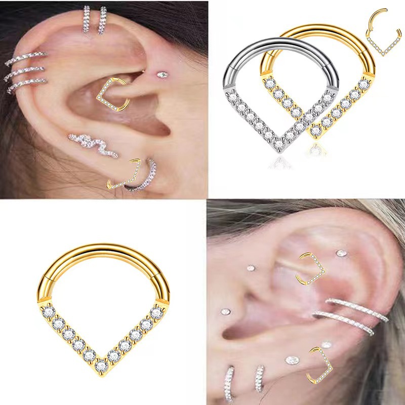 Picture of 316L stainless steel puncture jewelry heart inlaid zircon closed ear ring seamless nose ring multifunctional cartilage earrings