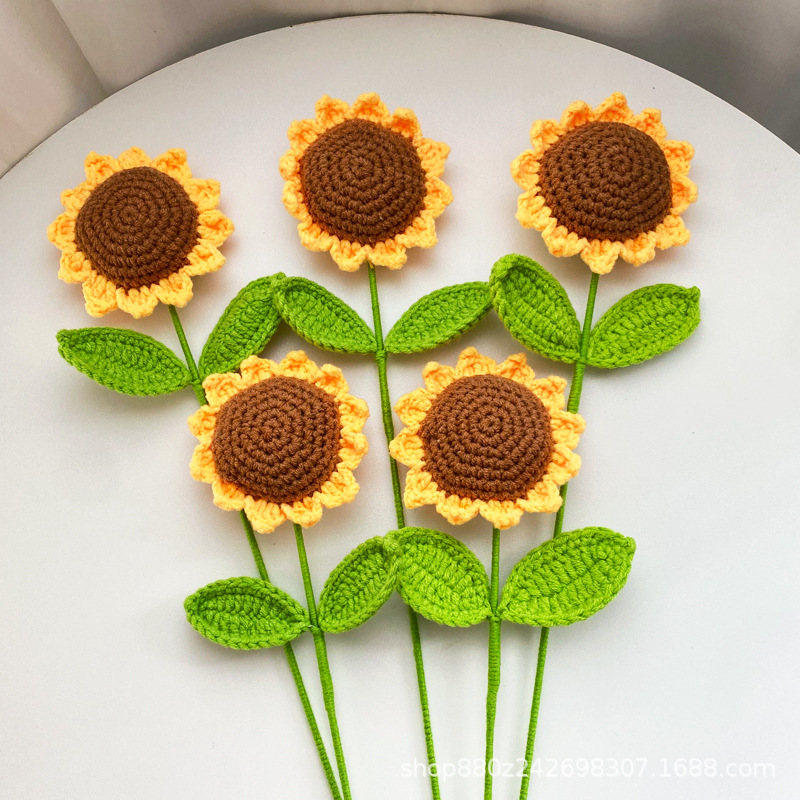 Picture of Smiley face sunflower artificial flower finished hand-woven bouquet sunflower wool knitting wholesale teacher's day gift