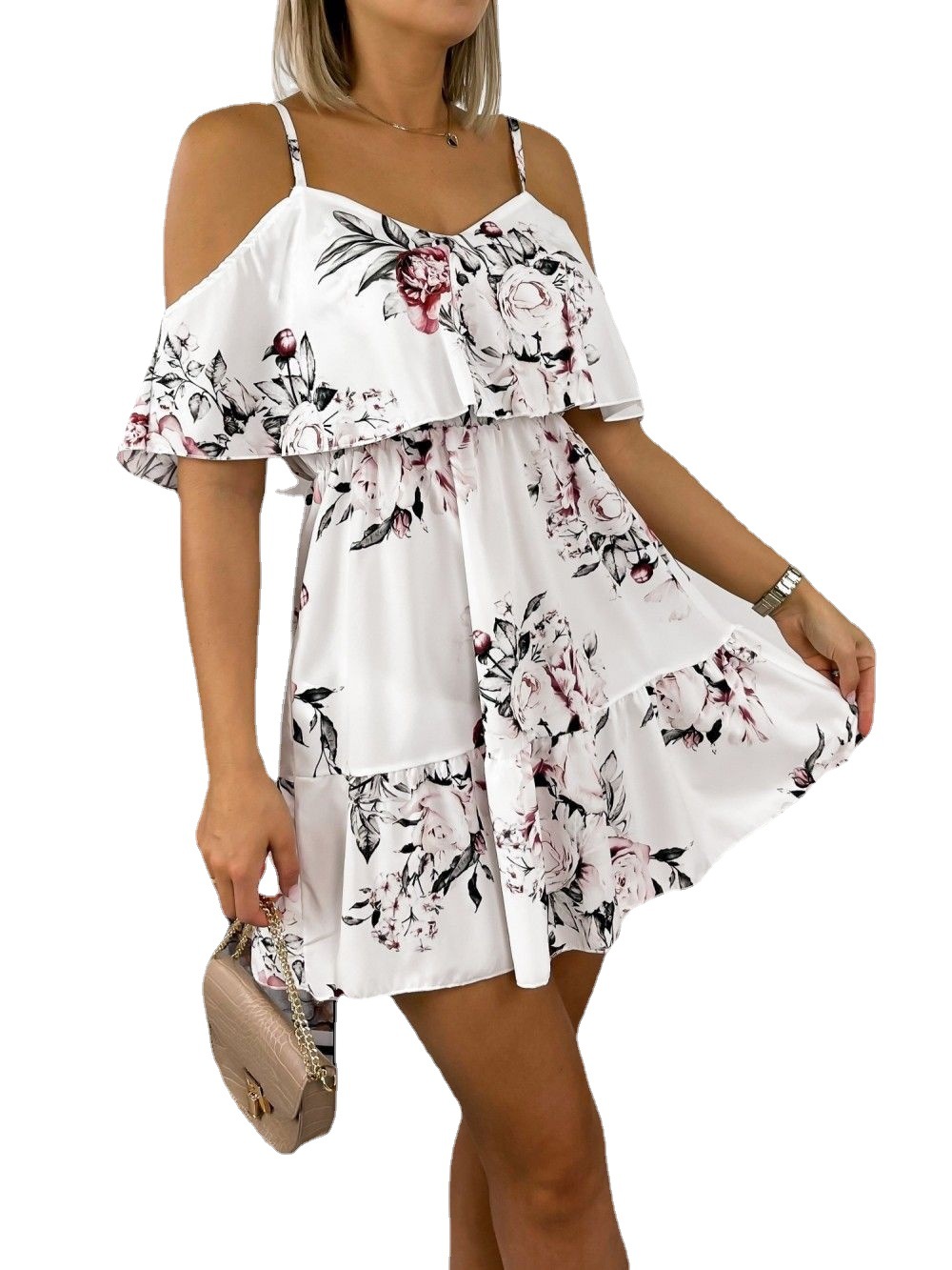 Picture of 2021 Summer Independent Wish Amazon ebay Printed V-Neck Stitching Shoulder Sling dress