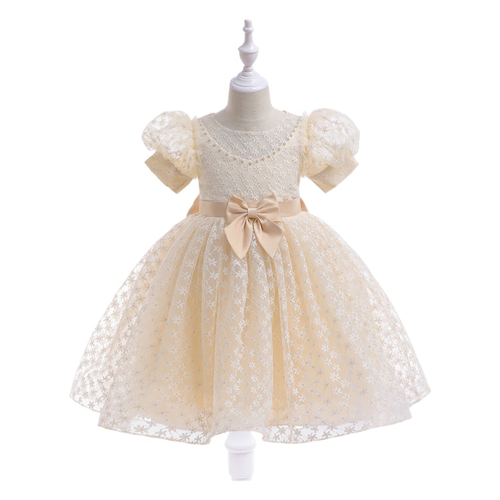European and American Children's Dress Princess Dress Lace Net Bubble Sleeve Beads Bow Princess Dress Wedding Flower Girls Dress