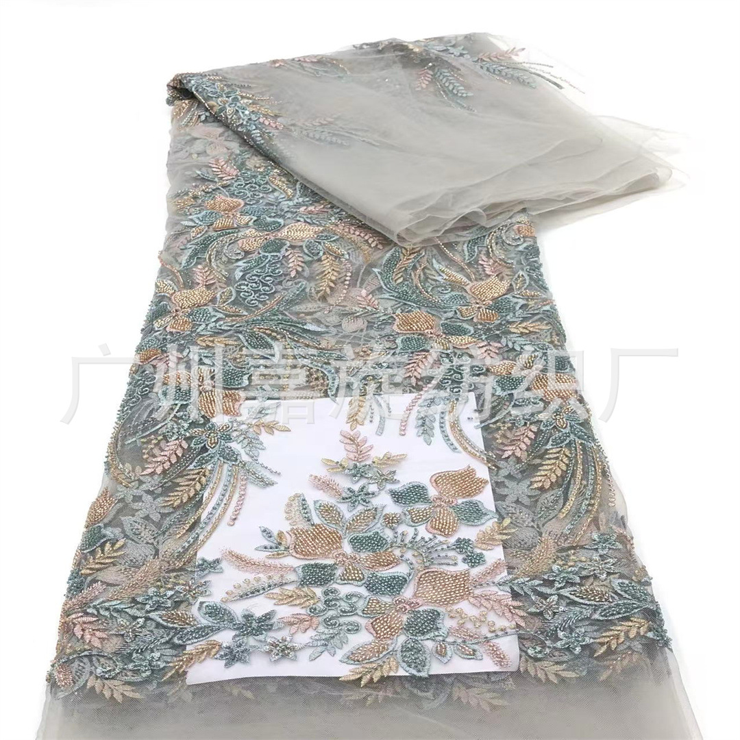 Ghana Clothing Rice Beads Plant Flower Embroider Sequin Lace Fabric Cheongsam Dress Fabric Embroidery