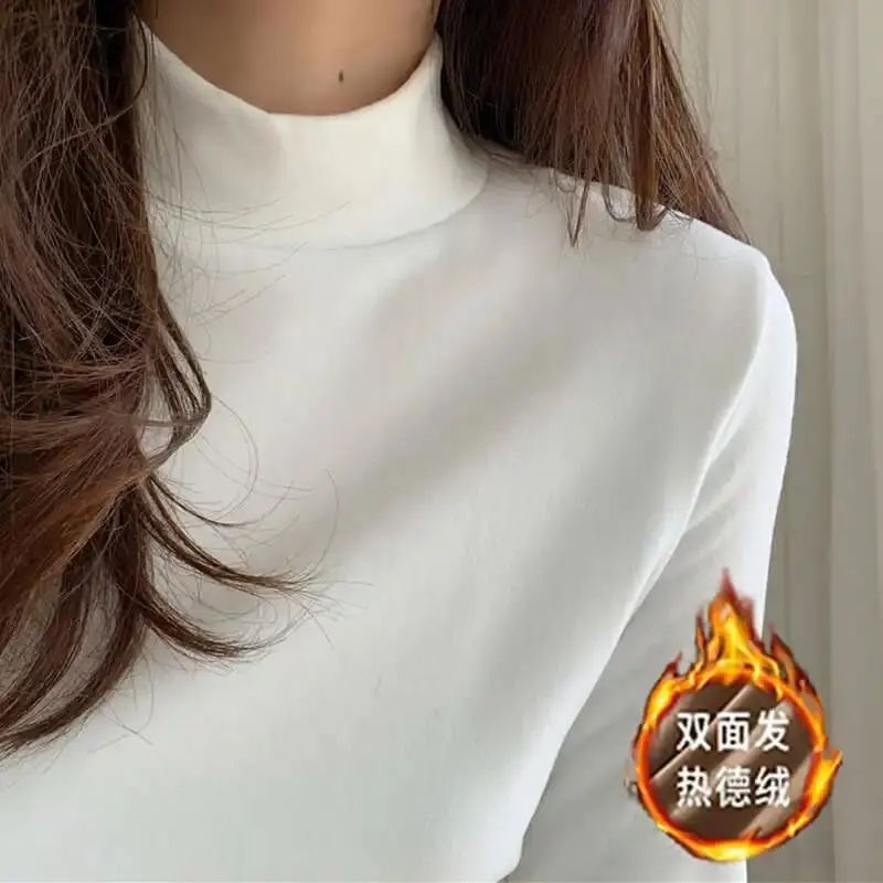 Super Soft Waxy Double-Sided Velvet White Base Shirt Autumn and Winter All-Match Half-High Neck Velvet fleece-lined Thickened Top