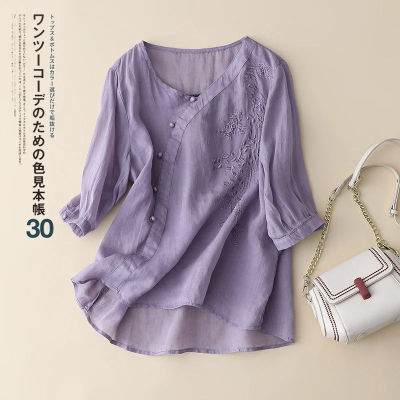 Purple Short-Sleeved Cotton and Linen Shirt for Women to Look Slim and Fat mm to Cover Belly, Loose Large Size Buttoned Cotton and Linen Top 2025 Summer Wear