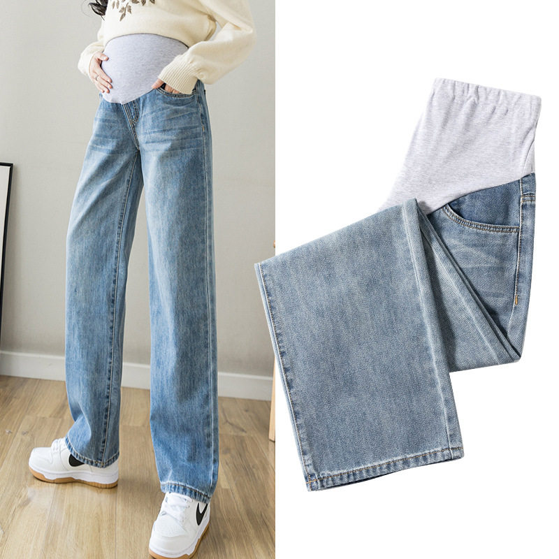 Loose plus size maternity pants spring belly support pants spring wear outer wear Denim wide leg pants fashion all-match pregnant trousers