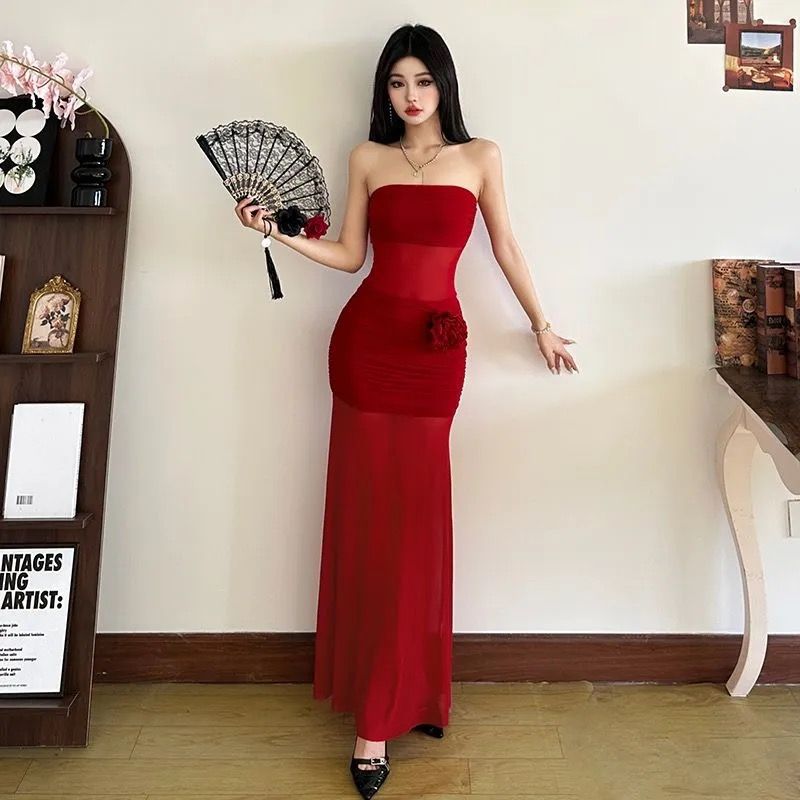 Resort style sexy see-through mesh flower bandeau dress women's Thai cross-border new design slim long skirt