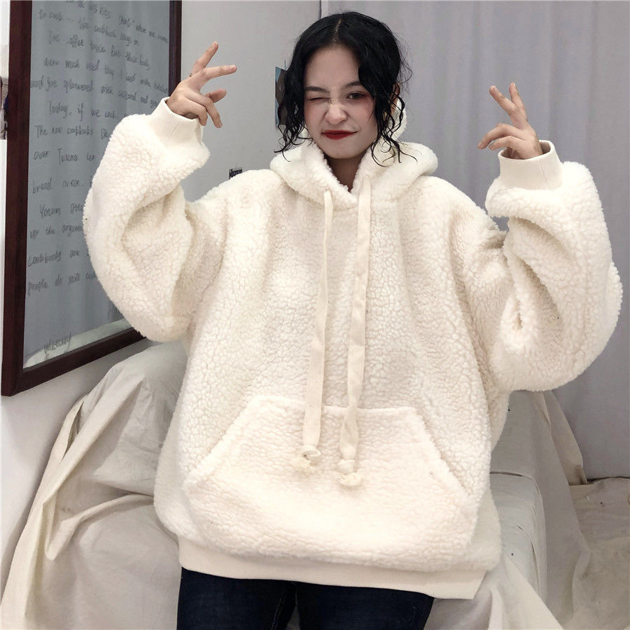 Lamb Wool Hoodie Sweatshirt for Women 2025 Autumn and Winter K-Style New Thickeneded Student Long Sleeve Pullover Pure Color Versatile Sweatshirt