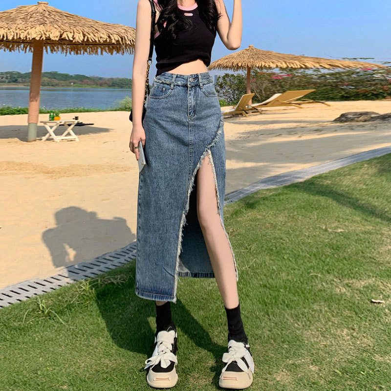 Denim Skirt Women's Split ins Trendy Retro High Waist Summer a-Shaped Irregular Mid-Length Burr Hip Skirt