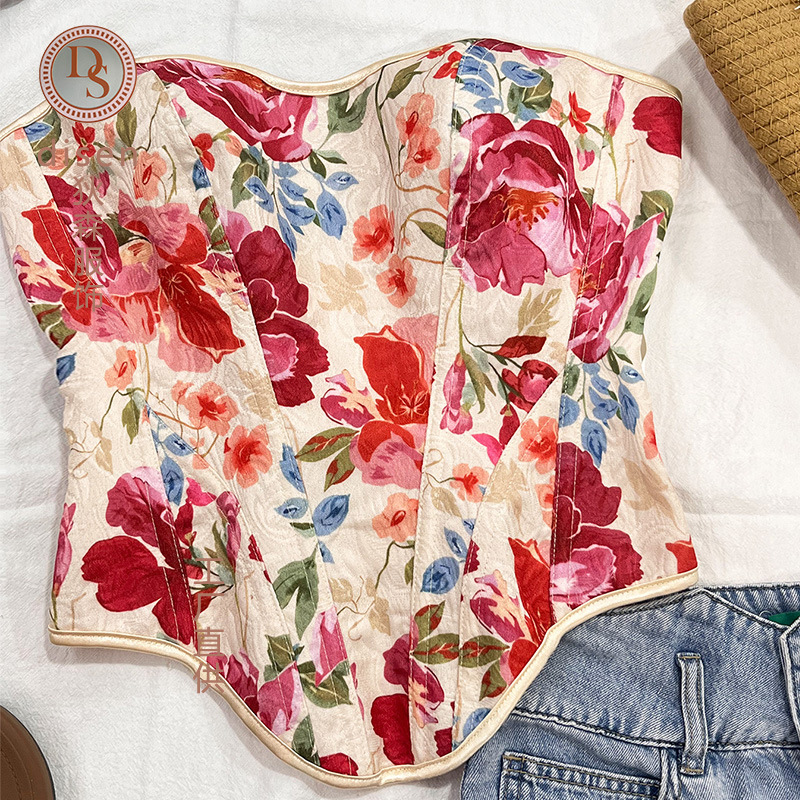 New spicy girl oil painting floral strapless tank top, short sexy style, retro top wrapped on the back, worn with shapewear