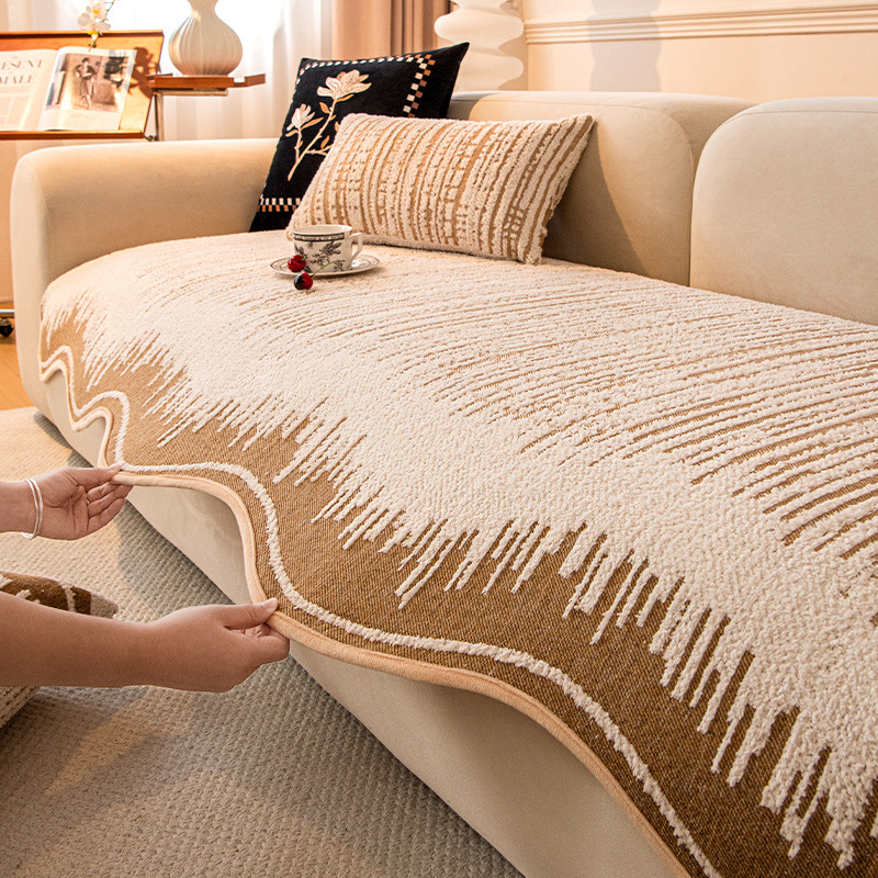 French High-End Special-Shaped Sofa Cushion for All Seasons 2025 New Straight Row Thickeneded Seat Cushion Fixed Anti-Slip Cover Cloth