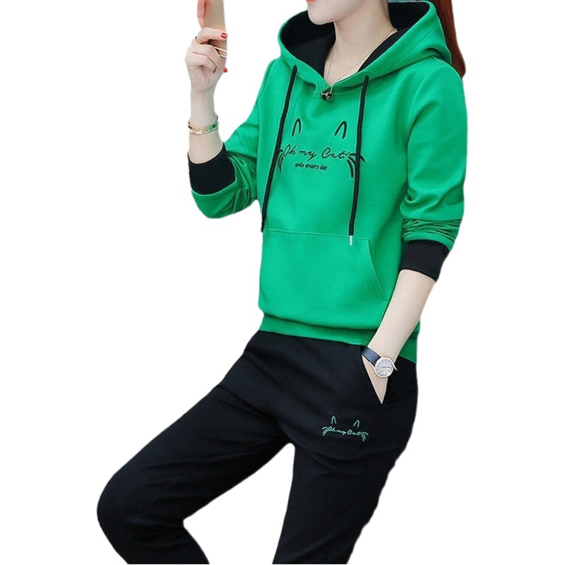 Autumn and winter suit new casual sports suit women's Korean-style embroidered hooded loose long sleeve fleece-lined thickened two-piece set