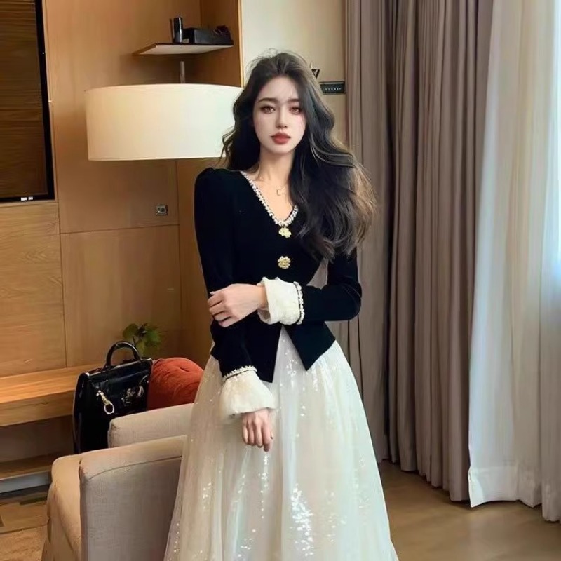 New Style with Large Skirt, Long Sleeves, Single-Breasted, Fashionable Waist-Cinching, High-End Elegant Fashion Dress, Mid-Length Women's A3124