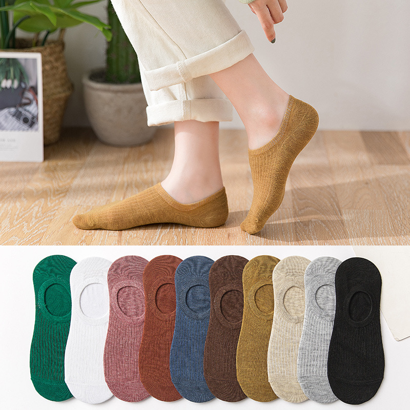 Xiaoyuanji 7A Antibacterial and Deodorant Short Socks Pure Color Cotton Socks for Men and Women Spring and Summer Stripesd Silicone Non-Slip Invisible Boat Socks for Women