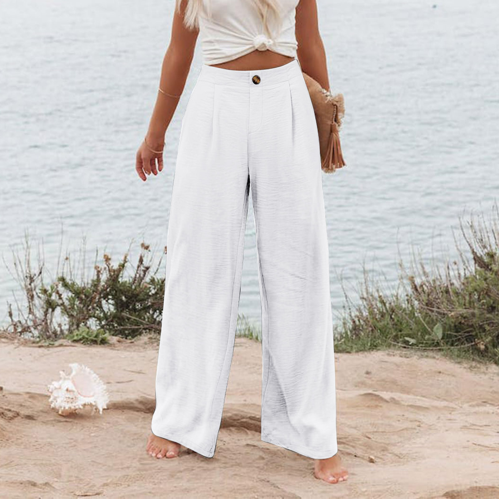 Picture of 2025 Cross-Border Amazon European and American Summer Plaid High Waist Trousers Button Elastic Waist Wide Leg Pants Women's Casual Straight-Leg Pants