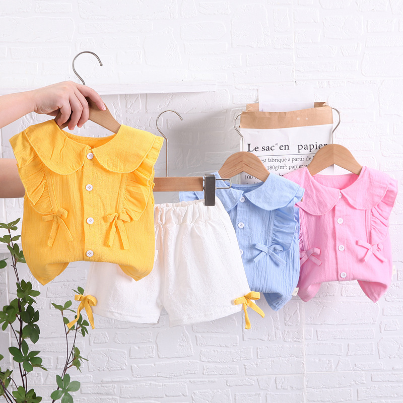 Girls Summer New Suit Children's Doll Collar Flying Sleeve Short Sleeve Sweet Cute Women's Treasure Bow Two-piece Fashionable Set