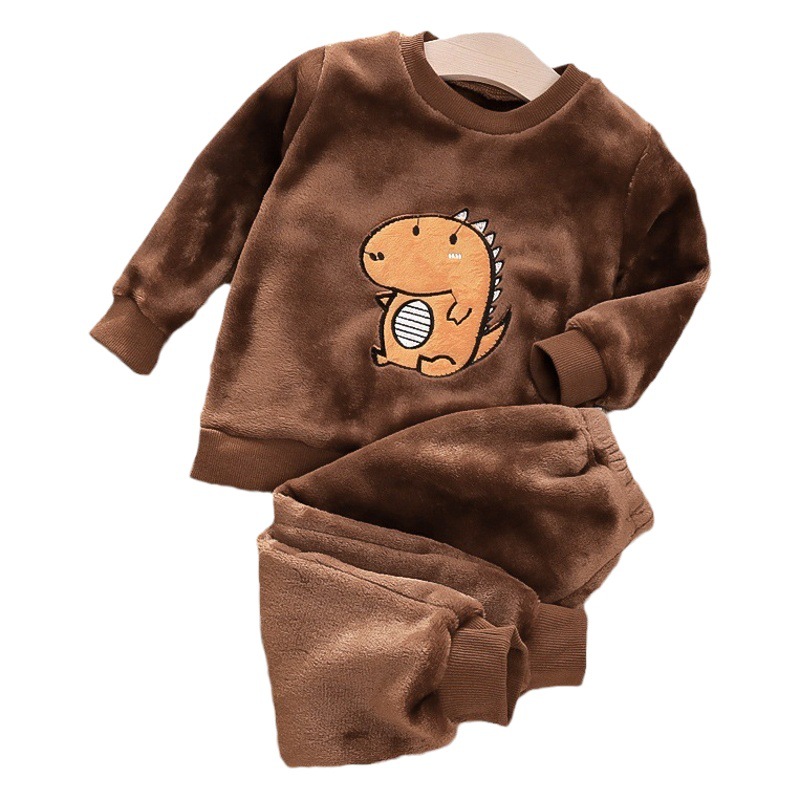 Baby kids pajamas thickened coral fleece dinosaur long sleeve two-piece suit boys and girls flannel home wear suit