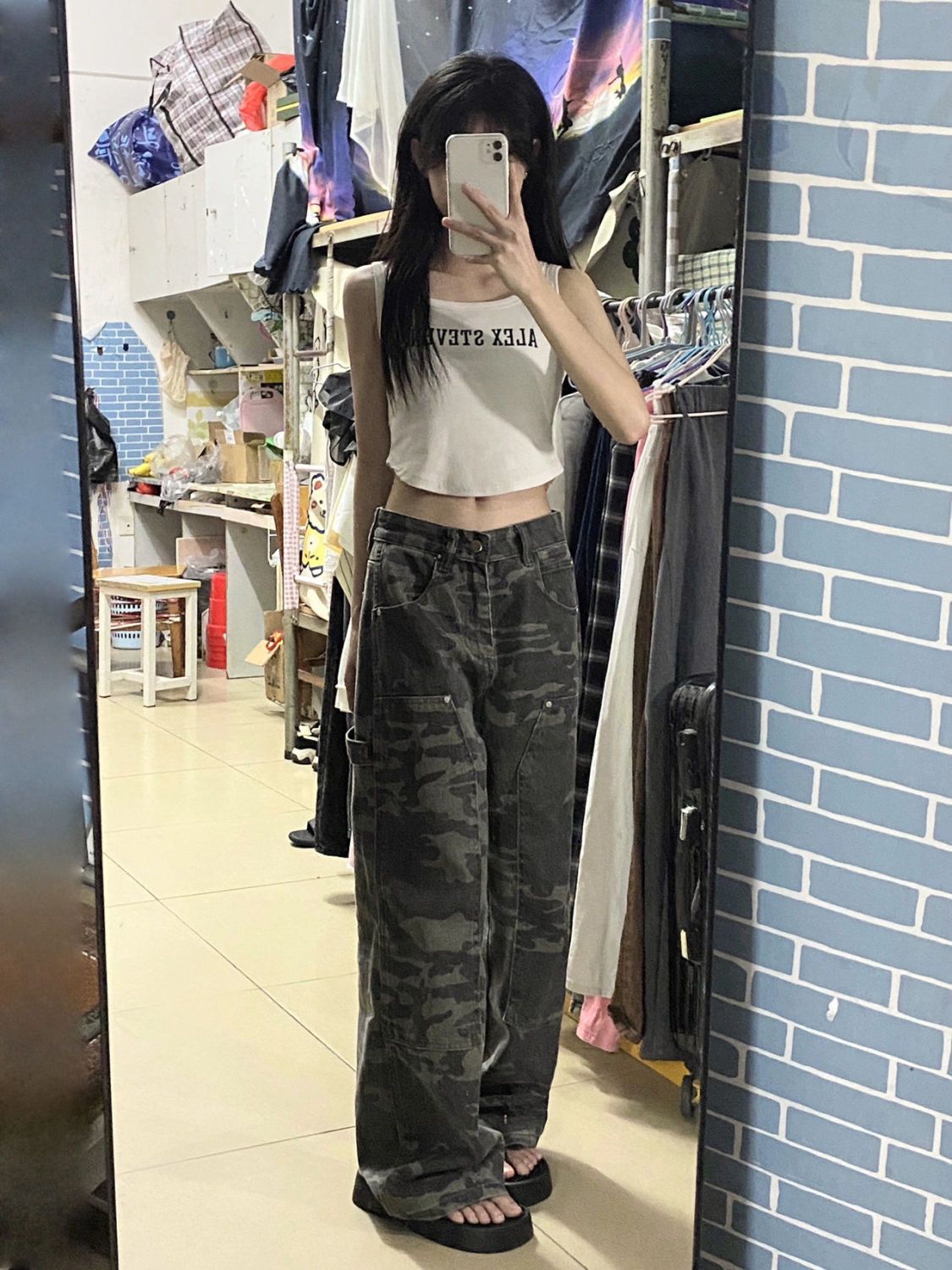 Picture of Camouflage Tooling Straight Jeans Women's Spring and Summer American Style Retro Loose All-match High Waist Slimming Wide Leg Pants