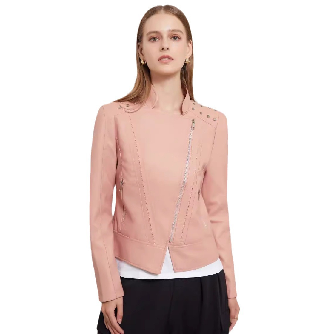 Picture of Boutique leather clothing Women Beaded Leather Jacket Lapel Spring and Autumn High-grade PU Leather Jacket