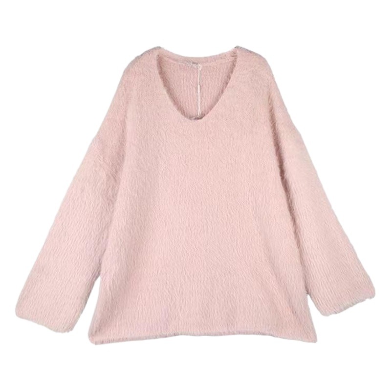 Lazy style soft glutinous age-reducing faux mink velvet pink V-neck sweater women's autumn and winter New elegant gentle knitted top ins
