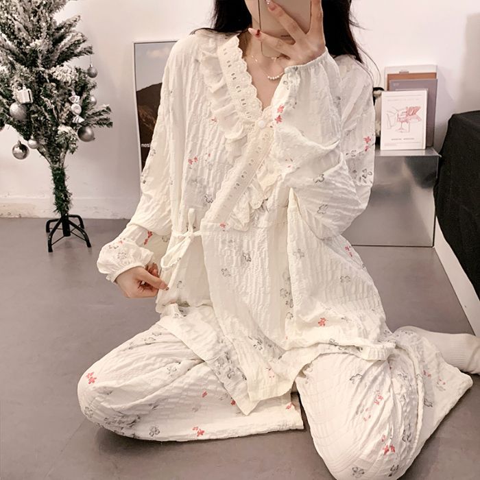 New Japanese-Style Kimono Lace-Up Maternity Pajamas Wrinkled Jacquard Long-Sleeve Cardigan Postpartum Nursing Loungewear