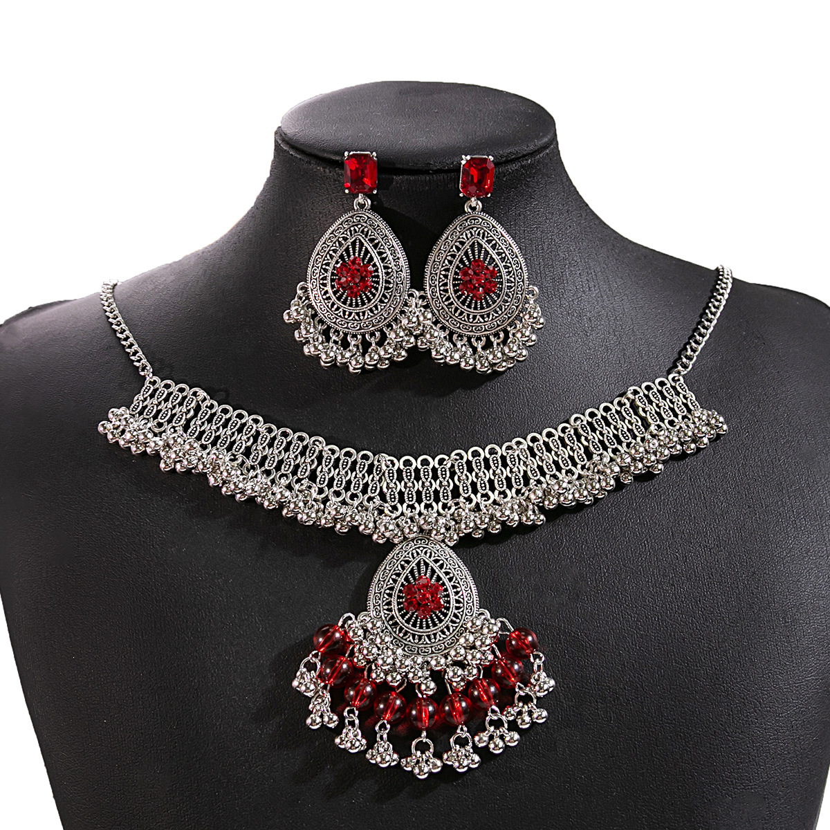 Picture of European and American Luxury Flower Jewelry suit Retro Tassel Round Gem Necklace Geometric Water Drops Square Earrings for Women